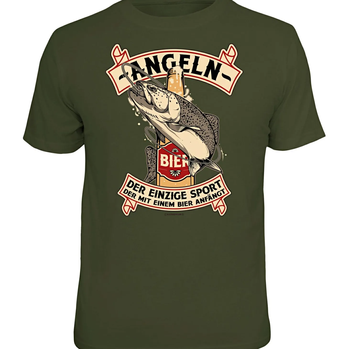 Rahmenlos "Angeln - Der einzige Sport, der mit einem Bier anfängt" T-Shirt Herren (Oliv)